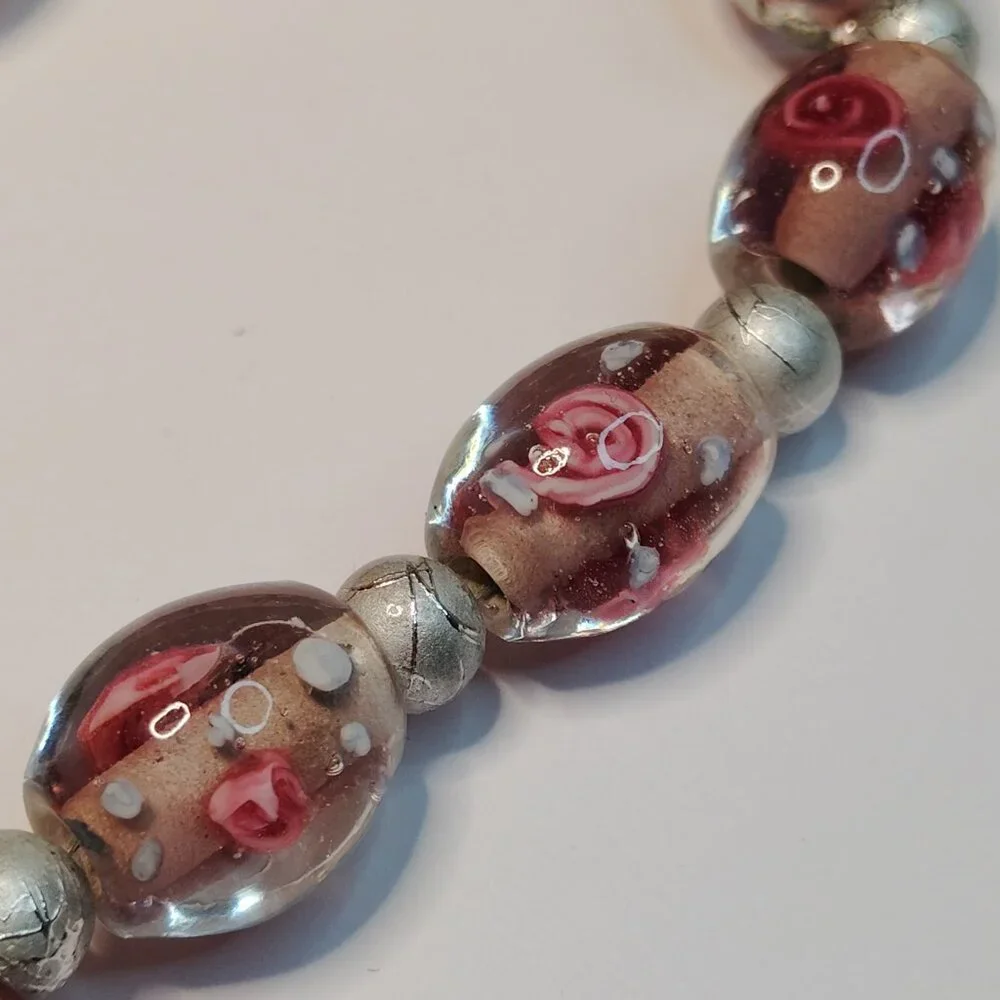 Artisan Made Vintage Pink Glass Bead Necklace Filigree Heart Dangle 19